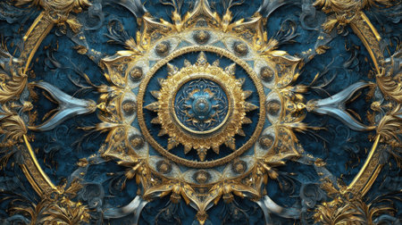 This stunning decorative pattern features intricate gold and blue elements with floral designs, perfect for enhancing artistic projects and backgrounds.の素材