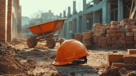An orange safety helmet rests on a construction site, surrounded by bricks and a wheelbarrow, capturing the essence of manual labor and industrial work.の素材