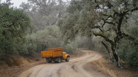A vintage truck makes its way along a winding dirt road in a serene, foggy atmosphere. Surrounded by lush greenery and tall trees, this scene captures the essence of rural exploration and peaceful country life. Perfect for nature lovers and adventure seekers.の素材