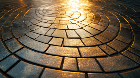This captivating image showcases an elegant stone paving with intricate patterns. The warm light of sunset creates a beautiful reflection on the smooth urban pathway, enhancing its artistic appeal.の素材