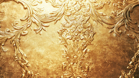 A captivating ornate gold textured background featuring intricate floral and decorative patterns, perfect for adding a touch of luxury and elegance to any design project.の素材
