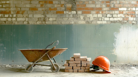 A scene showcasing essential construction tools and materials, including a wheelbarrow, bricks, and a safety helmet, in an unfinished building environment.の素材