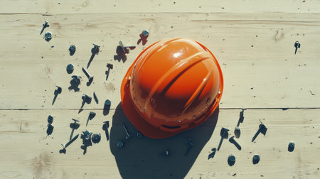 A bright orange construction helmet lies on a wooden surface, surrounded by various metal bolts and screws, capturing the essence of safety and craftsmanship in construction work.の素材