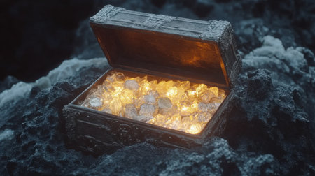 An ancient treasure chest rests on rugged rocks, overflowing with sparkling gems and crystals, emitting a warm glow in a mysterious landscape.の素材