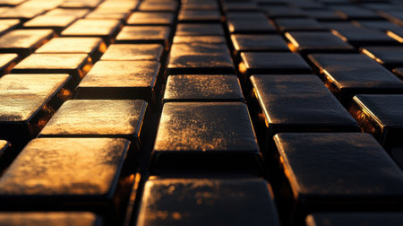 A breathtaking view of gold bars captured at sunset, showcasing intricate details and reflections of warm light across a luxurious metallic surface.の素材
