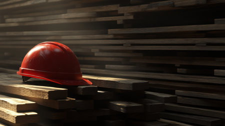 A bright red hard hat placed on a stack of wooden planks captures attention in an industrial workspace. The soft lighting highlights craftsmanship and safety.の素材