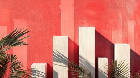 This modern abstract composition features geometric shapes in soft tones against a coral backdrop, enhanced by palm leaves casting gentle shadows.の素材