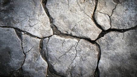 This image showcases a textured gray stone surface featuring deep cracks, highlighting natural patterns and roughness, perfect for nature-related projects.の素材