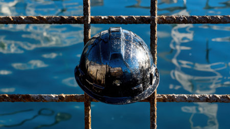 A black safety helmet rests on a rusty metal grid, surrounded by reflective water surfaces. This image captures themes of industrial work and safety measures.の素材