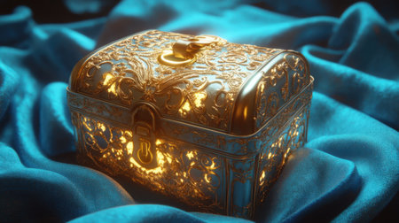 An exquisite treasure chest featuring ornate golden designs and soft blue fabric, creating a striking image of luxury and elegance, perfect for various themes.の素材