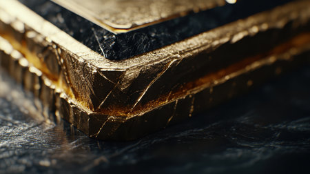 A close-up view showcasing stacked gold bars on a dark textured surface, radiating luxury and elegance that embodies wealth and investment opportunities.の素材