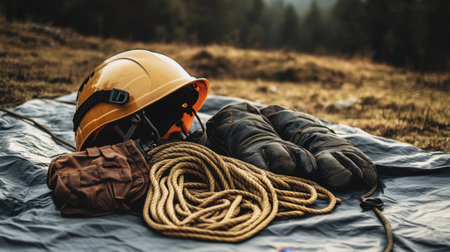 Collection of essential safety gear for outdoor work, featuring a yellow helmet, sturdy gloves, and climbing rope arranged on a rugged surface in a natural setting.の素材