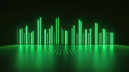 This striking abstract image features green neon sound waves rising above a reflective surface, creating a vibrant and energetic atmosphere suited for music and technology themes.の素材