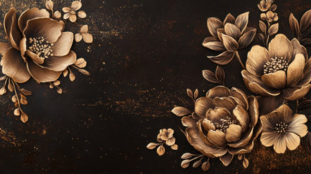 This stunning floral design showcases intricate golden flowers on a dark background, perfect for enhancing modern decor or creating elegant invitations.の素材