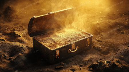 A captivating treasure chest rests open in a sandy landscape, emitting golden dust particles, evoking a sense of adventure and mystery.の素材