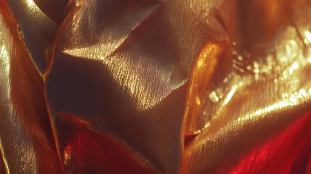 This stunning image showcases a closeup of shimmering orange and gold fabric, revealing intricate textures and luminous highlights perfect for design projects.の素材