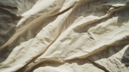 This image showcases a soft cream fabric texture, illuminated by natural light, emphasizing the elegant wrinkles and layers of the material, ideal for design inspiration.の素材