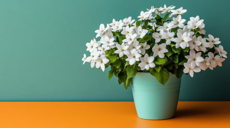 A stunning arrangement of vibrant white flowers in a turquoise pot creates a delightful contrast against a bright orange table and calming teal background.の素材