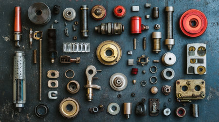 A detailed flat lay of various mechanical parts and tools showcases the diversity in industrial components perfect for engineering and manufacturing projects.の素材