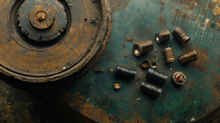 A close-up view of rusty metal hardware screws and components scattered on a textured surface, showcasing the beauty of vintage industrial tools and materials.の素材