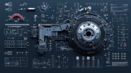 This image presents a detailed technical blueprint of a mechanical part, showcasing diagrams, components, and specifications against a dark backdrop.の素材