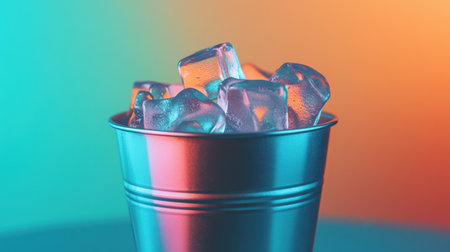 A metal bucket filled with clear ice cubes, showcasing a modern design. The vibrant background enhances the refreshing feel, perfect for summer beverages.の素材