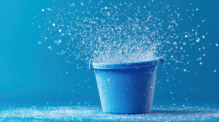 A vibrant blue bucket splashes water droplets against a bright aqua background, capturing the energy and motion of water in a playful scene.の素材
