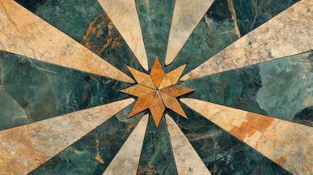 This striking image showcases an intricate geometric pattern made of decorative stone, featuring a central star design and angular shapes in rich earthy tones.の素材