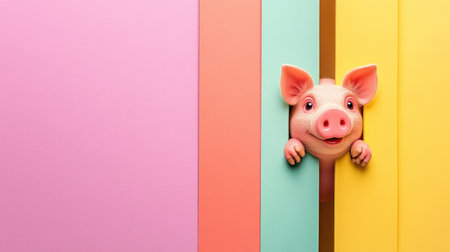 A charming piglet peeks through vibrant, colorful stripes in pastel tones, showcasing a playful and cheerful scene perfect for kids' themes or farm concepts.の素材