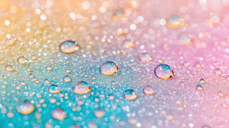 Stunning macro shot of water droplets on a colorful pastel background, showcasing a vivid spectrum with beautiful bokeh, enhancing the texture and abstract feel.の素材