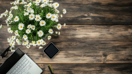 A cozy workspace featuring fresh white daisies in a pot placed next to a laptop on a rustic wooden table, creating a serene and inviting atmosphere.の素材