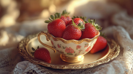 A stunning display of fresh strawberries in a delicate porcelain cup, set on a stylish golden plate, perfect for food photography or culinary presentations.の素材