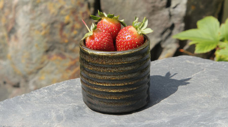 This image features fresh strawberries nestled in a rustic ceramic cup, set against a natural stone background. The vibrant colors and textures highlight nature's bounty.の素材