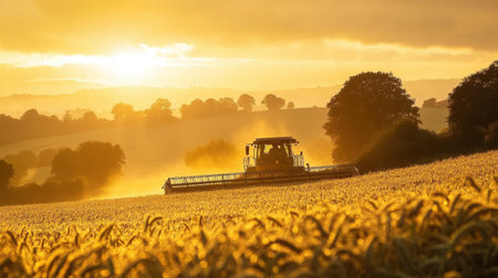 A stunning sunset illuminates a golden wheat field where a tractor works diligently to harvest the crop. This serene agricultural scene captures the essence of rural life.の素材