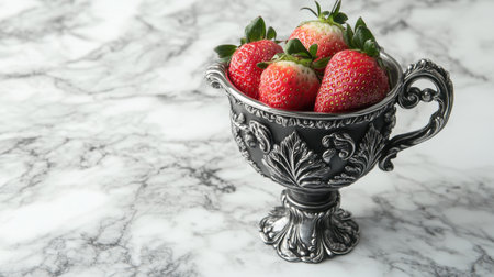A beautifully crafted silver cup adorned with intricate details holds fresh ripe strawberries, set against a smooth marble background, ideal for food styling.の素材