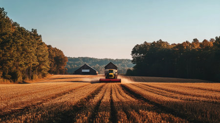 A stunning agricultural scene showcasing a tractor working diligently on a golden field during a vibrant sunset in autumn. The landscape is serene and beautiful.の素材