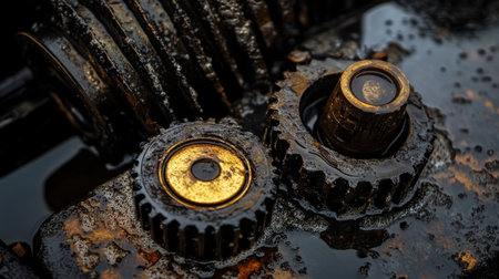This close-up image captures a pair of rusty gears embedded in oil residue on a machinery surface. It highlights intricate details and textures in industrial settings.の素材