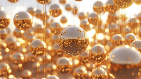 This captivating image features golden spheres suspended in a luminous space, radiating light and reflections that create a magical atmosphere.の素材
