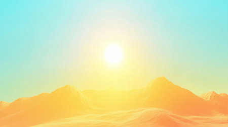 Immerse in the tranquility of a breathtaking sunrise over soft sand dunes, where gentle sunlight illuminates a calm blue sky, creating a peaceful morning landscape.の素材