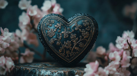 An exquisite heart-shaped box featuring intricate floral patterns is beautifully positioned among soft pink blossoms, creating a romantic and artistic atmosphere.の素材