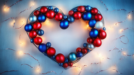 This vibrant heart-shaped decoration features colorful ornaments in red, blue, and silver, illuminated by twinkling lights, perfect for festive celebrations.の素材