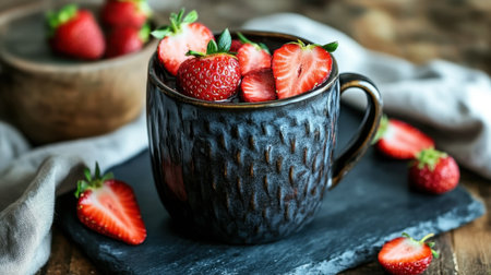 A rustic brown mug filled with fresh strawberries sits on a dark wooden table, complemented by scattered berries, showcasing vibrant colors and natural beauty.の素材