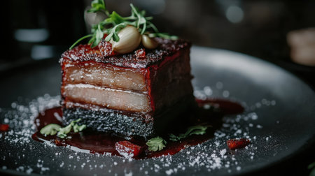 A beautifully presented gourmet pork belly dish, featuring layers of rich flavors, garnished with fresh herbs and a visually striking sauce.の素材