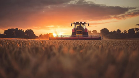 A vibrant sunset casts a warm glow over a rural field as a tractor harvests grain, showcasing the beauty of agricultural life in a serene landscape.の素材