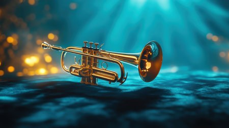 A stunning image of a shiny brass trumpet resting on a dark blue surface, illuminated by artistic lighting effects and a glowing bokeh background, perfect for music themes.の素材