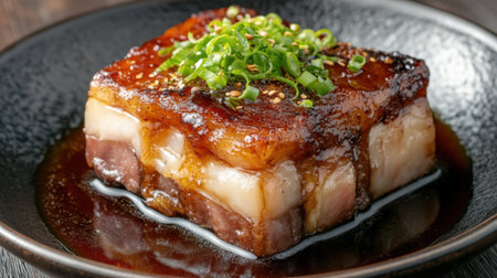 This captivating image showcases a square of beautifully glazed pork belly, garnished with fresh green onions and sesame seeds on a sleek black plate, emphasizing texture and flavor.の素材