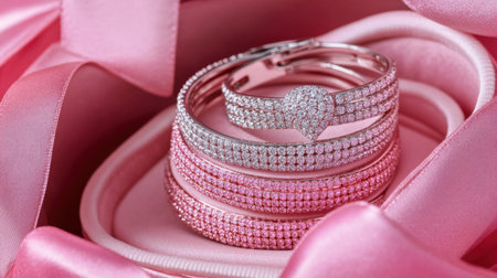 Delicate diamond rings display exquisite craftsmanship, resting gracefully in a heart-shaped box surrounded by soft pink satin, ideal for romantic gifts.の素材
