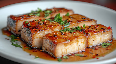 A plate of beautifully arranged glazed pork belly, garnished with fresh herbs, showcasing a balance of flavor and presentation, perfect for culinary appreciation.の素材
