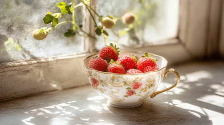 A charming scene featuring fresh strawberries arranged in an ornate cup, illuminated by soft sunlight streaming through a window, creating a peaceful atmosphere.の素材