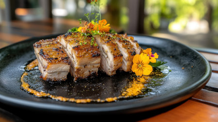 A beautifully plated grilled pork belly dish garnished with vibrant edible flowers and sauce, showcasing modern culinary artistry and flavor.の素材